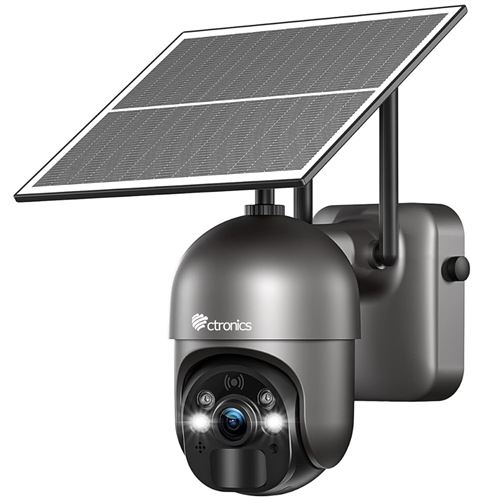 Ctronics Caméra de Surveillance 5MP Panneau Solaire 6W, Alarme Sonore Lumineuse, Contrôle PC/Téléphone, FTP, Vision Nocturne Couleur, Détection Humaine