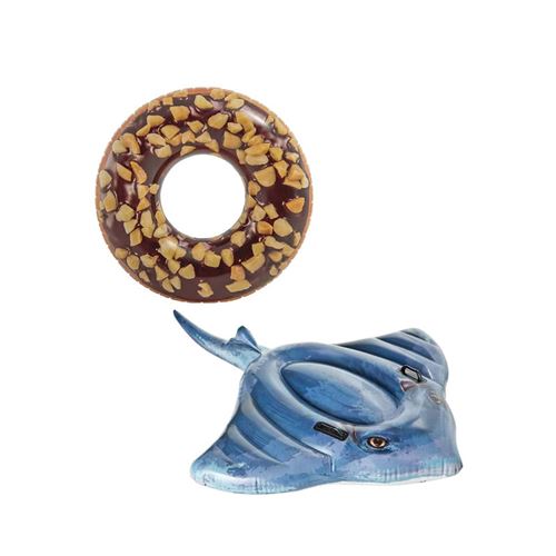 Pack Bouée gonflable donut au chocolat 114 cm de diamètre - Matelas de plage gonflable raie 188x145 cm