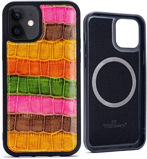 Coque en Cuir pour iPhone 12 Mini Trop Saint® Façon Crocodile [Compatible MagSafe] - Multicolore