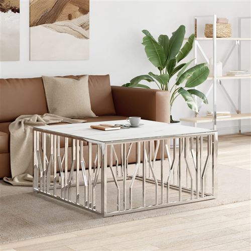 vidaXL Table basse argenté 100x100x50 cm acier inoxydable et verre