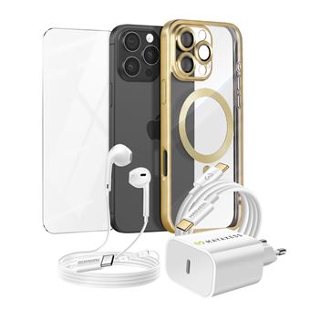 Pack Essentiel pour iPhone 16 Pro Max Coque, Verre, Chargeur, Écouteurs (5 pièces) Mayaxess Dorée - 1