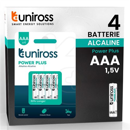 UNIROSS Pack de 4 Piles Alcalines AAA-LR03 Power Plus 1,5V Emballage Carton