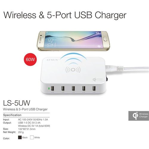 Station de Recharge Intelligente 5 Ports USB 60 Watts Compatible Qi (Noir)