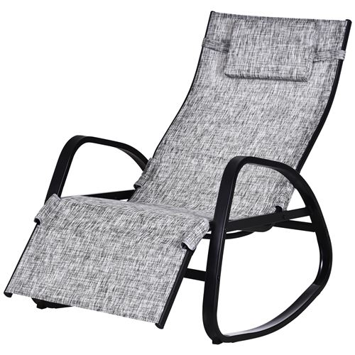 Fauteuil à bascule dossier inclinable réglable chaise longue pliable dim. 90L x 64l x 108H cm métal époxy noir textilène gris chiné