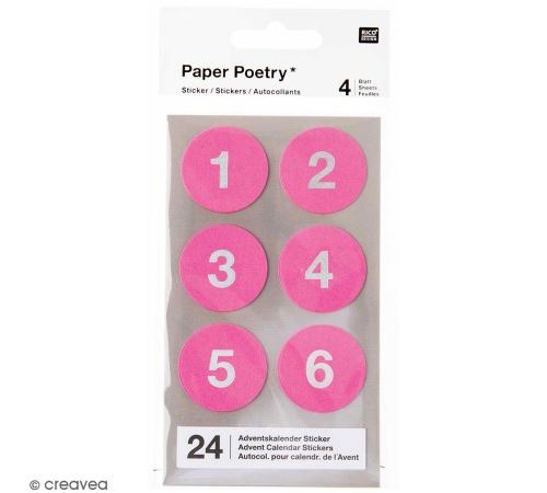 Stickers ronds Calendrier de l'Avent - Rose Fluo - 24 pcs
