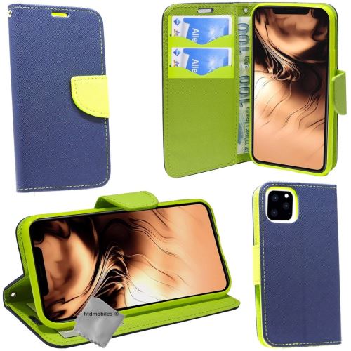 Housse etui coque pochette portefeuille pour Apple iPhone 11 avec verre trempe - BLEU / VERT