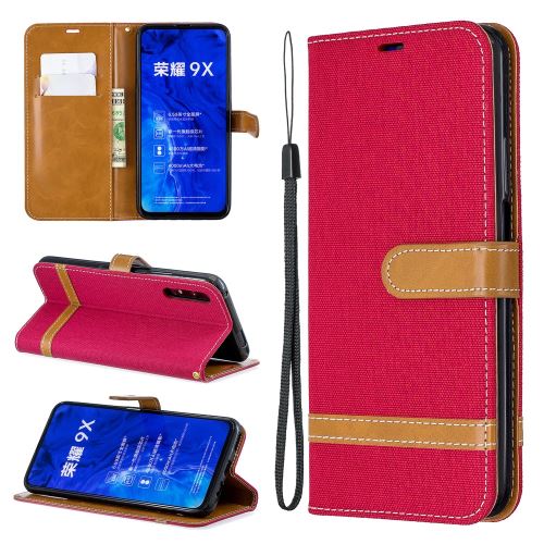 Etui en PU couleur épissage jeans tissu peau flip avec support rouge pour votre Huawei Honor 9X/9X Pro