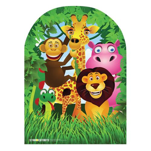 Figurine en carton passe-tête enfants Dessin les animaux de la jungle H 120CM
