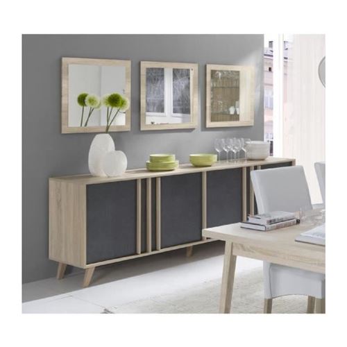 Buffet grand modèle et 3 miroirs couleur chêne clair et gris béton. Collection MALMO