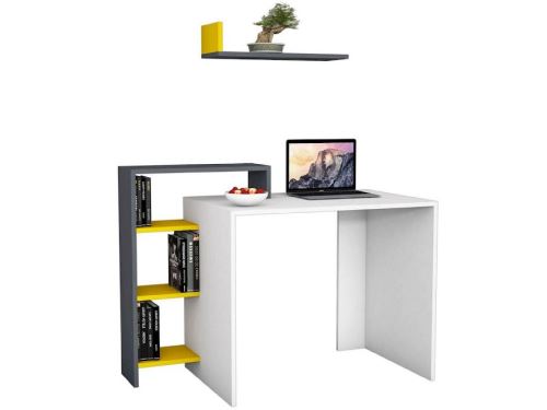 HOMEMANIA Bureau Swan avec Bibliothèque Intégrée, Étagères - pour Bureau, Chambre - Blanc, Anthracite, Jaune en Bois, 118,2 x 60 x 90,8 cm
