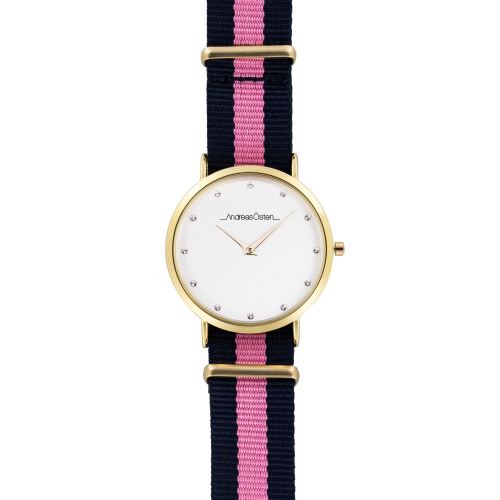 Montre Femme Andreas Osten Cadran 36mm En Steel Blanc Et Bracelet Bleu et Rose En Nylon AO-35