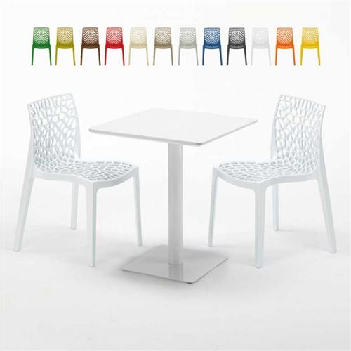 Table carrée 60x60 blanche avec 2 chaises colorées Gruvyer Lemon, Couleur: Blanc