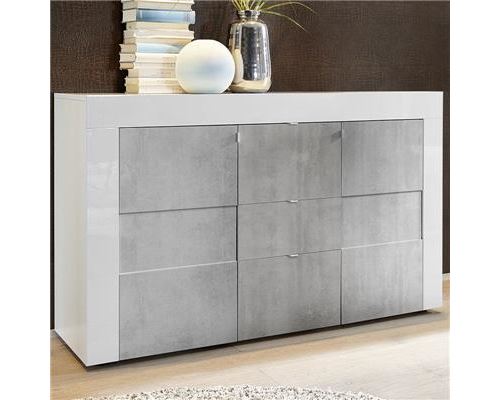Buffet blanc et gris laqué 2 portes 3 tiroirs TUNIS 2 - L 138 x P 42 x H 84 cm
