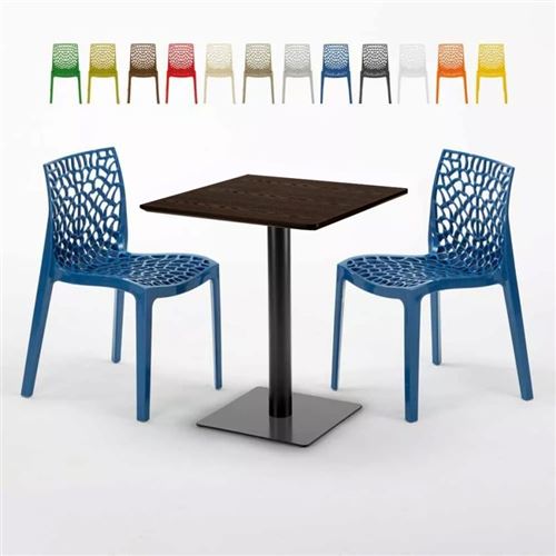 Table carrée 60x60 pied noir et surface bois avec 2 chaises colorées Gruvyer Kiss, Couleur: Bleu