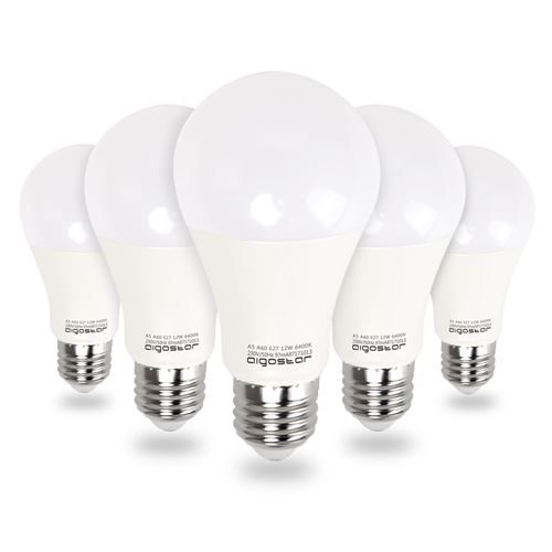 Aigostar - Lot de 5 Ampoules LED E27 (grosse vis), 12W. Lumière blanche froide 6400K, 1020lm. Non dimmable. A+