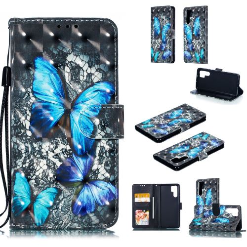 Etui en PU décor de spot lumineux avec support dentelle et papillon bleu pour votre Huawei P30 Pro
