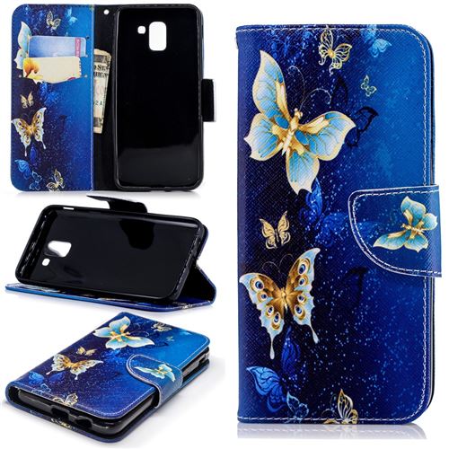 Etui en PU or avec papillon bleu pour votre Samsung Galaxy J6 (2018)