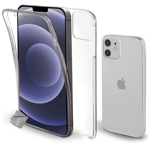 Coque silicone gel fine 360 integrale (avant et arriere) pour Apple iPhone 12 Mini avec verre trempe - TRANSPARENT - htdmobiles