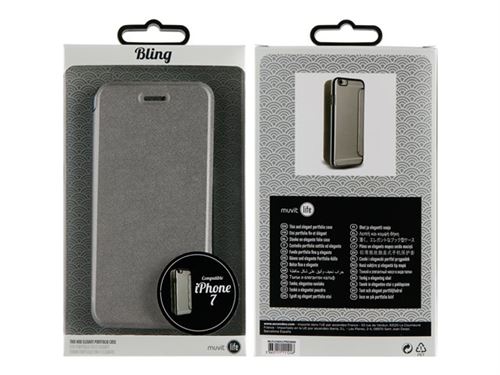 MUVIT LIFE BLING FOLIO - Flip cover voor mobiele telefoon - transparant, zilveren rand - voor Apple iPhone 7