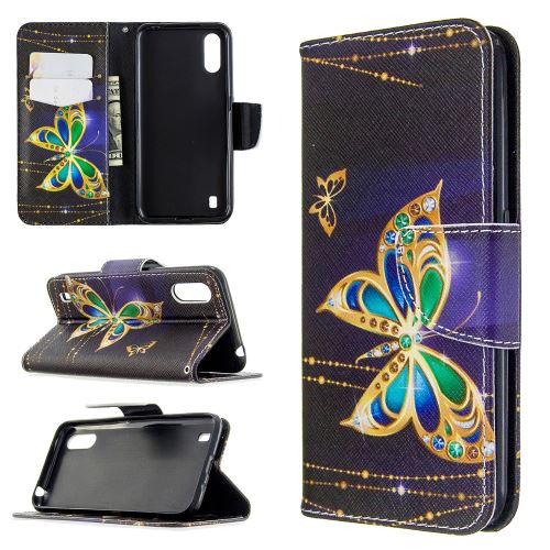 Etui en PU flip de surface d'impression avec support papillon d'or pour votre Samsung Galaxy A01