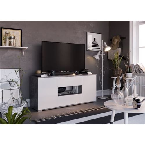 STAR Meuble TV 2 portes 2 tiroirs - Decor beton et blanc - L 150 x P 42 x H 67 cm