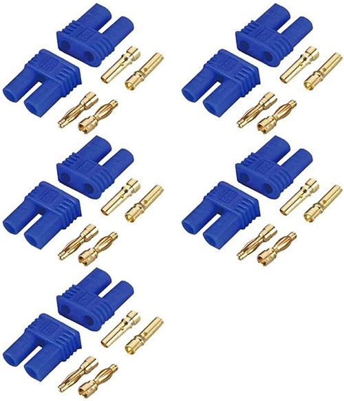 Ensemble de 5 Paires de Connecteurs EC2 Mâle-Femelle Haute Qualité pour Batteries RC LiPo, Hélicoptère RC, Modélisme Plaqué Or, Stable, Bleu, Plastique