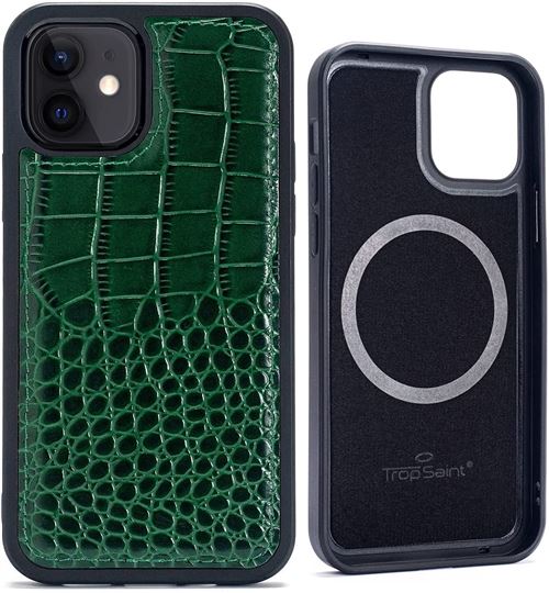 Coque en Cuir pour iPhone 12 Mini Trop Saint® Façon Crocodile [Compatible MagSafe] - Vert