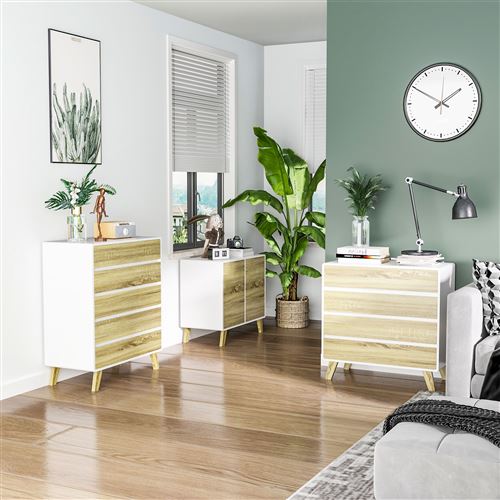 Commode design scandinave - 4 tiroirs - MDF panneaux blanc aspect chêne  clair - Achat & prix