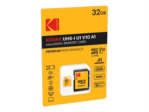 Kodak - Carte mémoire flash (adaptateur microSDHC - SD inclus(e)) - 32 Go - UHS Class 1 / Class10 - 580x - microSDHC UHS-I
