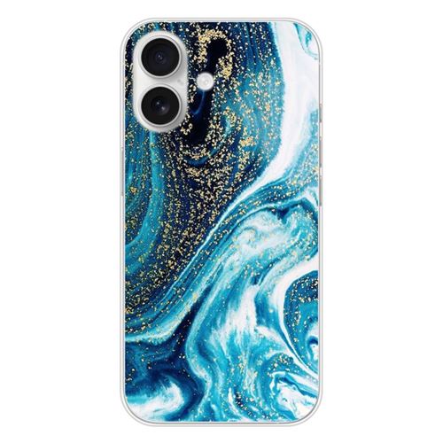 Coque en silicone imprimée compatible Apple iPhone 16 Marbre Bleu Pailleté