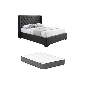 Lit pour 2 personnes avec tête de lit capitonnée en tissu gris YUNA 2