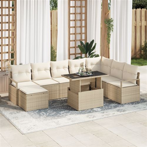 Non Communiqué Beige Ensemble De Canapé De Jardin 9 Pièces Avec Coussins En Rattan Poly, Canapé De Jardin 2 Places Avec Coussins En Ratt