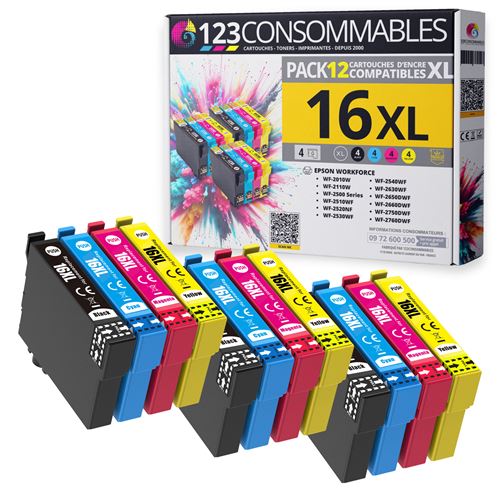 123CONSOMMABLES - 16XL - Pack de 12 cartouches d'encre compatible avec Epson Workforce WF-2750 WF-2760 WF-2660 WF-2650 WF-2630 WF-2540 WF-2530 WF-2510 WF-2010