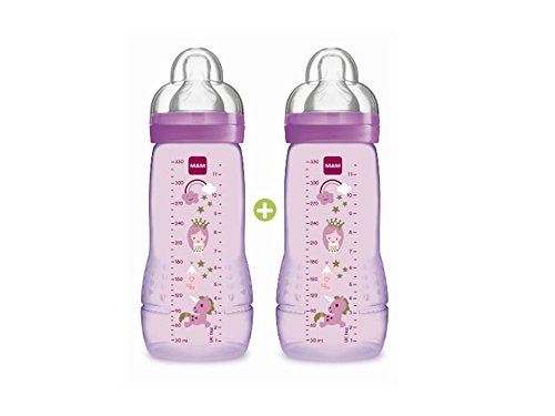 MAM Biberon Deuxième Age Coloré 330 ml à Partir de 6 Mois Tétine Débit X Lot de 2 - Violet