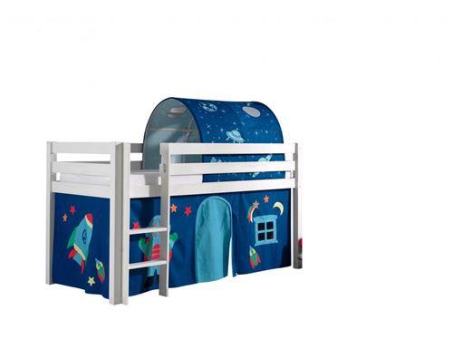 Vipack PINO Lit sureleve en pin massif 90x200cm avec sommier Blanc + Rideau et tunnel de lit Space