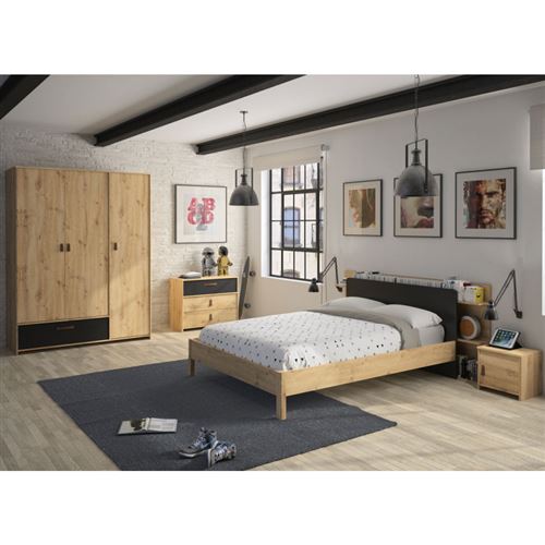 Chambre Adulte Complète (140*200) Chêne/Noir - ESTHER