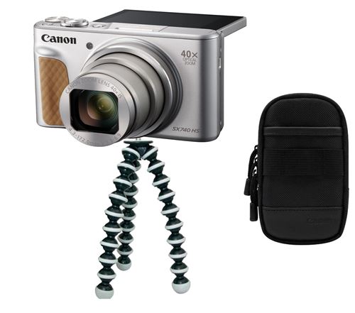 Canon PowerShot SX740 HS - Travel Kit - appareil photo numérique - compact - 20.3 MP - 4K / 30 pi/s - 40x zoom optique - Wi-Fi, Bluetooth - argent