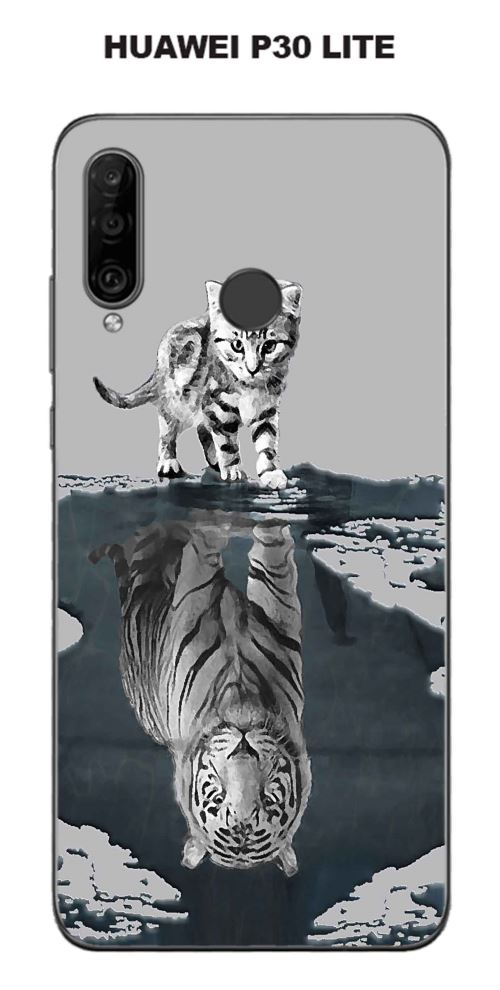 Coque Huawei P30 Lite design Chat Tigre Blanc fond gris