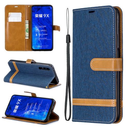 Etui en PU couleur épissage jeans tissu peau flip avec support bleu foncé pour votre Huawei Honor 9X/9X Pro