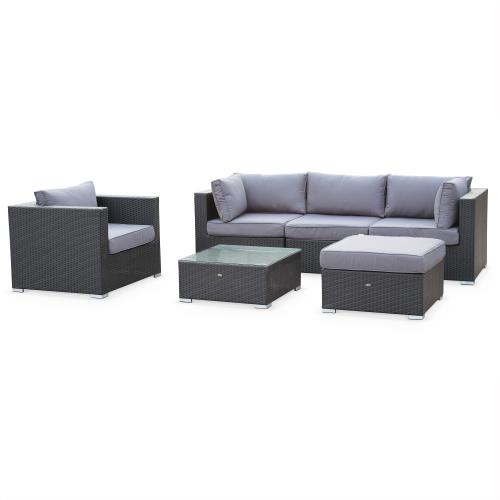 Salon de jardin en résine tressée - Caligari - Noir Coussins Gris - 5 places - 1 fauteuil 1 fauteuil sans accoudoir 1 pouf 2 fauteuils d'angle une table basse