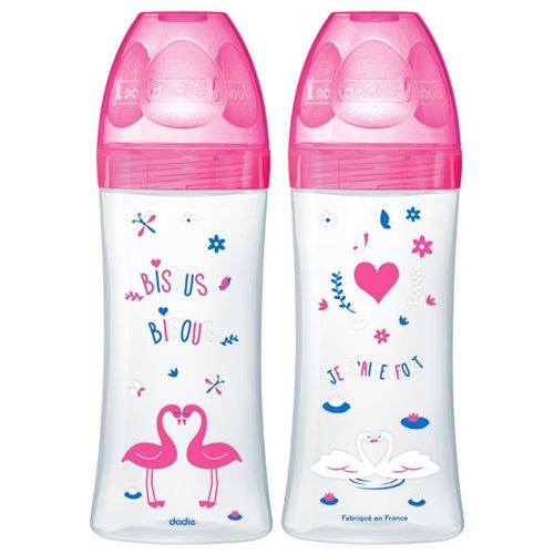 Dodie coffretx2 biberons sensation+ 330ml fushia cygnes +6 mois tétine plate débit 3