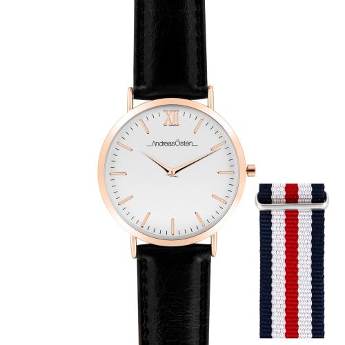 Montre Homme Andreas Osten Cadran 40mm En Acier Blanc Et Bracelet Noir Bleu Blanc Rouge En Cuir + Nylon AO-102
