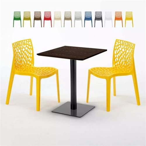 Table carrée 60x60 pied noir et surface bois avec 2 chaises colorées Gruvyer Kiss, Couleur: Jaune