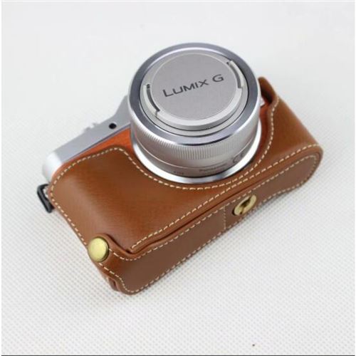 Etui en cuir véritable moitié caméra marron pour votre Panasonic GF10