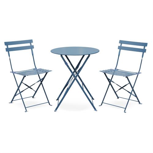 Sweeek Salon de jardin bistrot pliable - Emilia rond bleu grisé - Table Ø60cm avec deux chaises pliantes acier thermolaqué