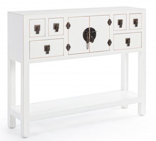 Meuble avec 6 tiroirs et 2 portes coloris blanc - Dim : L 94.5 x P 24 x H 78 cm -PEGANE