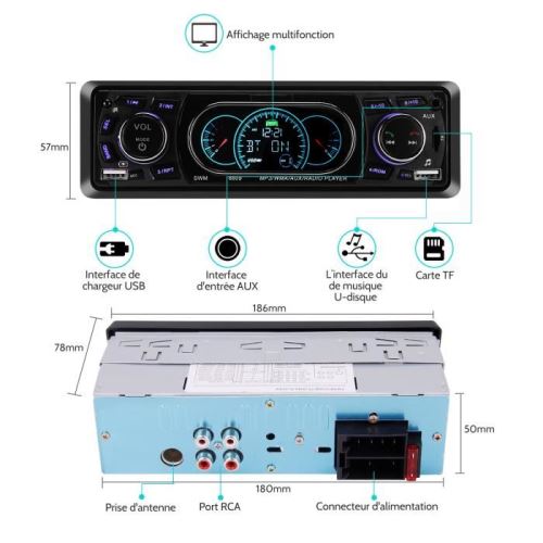 Kidcia Autoradio stéréo de voiture Simple DIN Lecteur de tableau de bord  Bluetooth avec télécommande Récepteurs USB/SD/Audio Lecteur MP3/FM