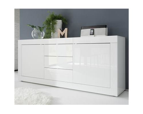 Buffet bahut blanc brillant laqué 2 portes 3 tiroirs design FELINO - Blanc - L 210 x P 43 x H 86 cm