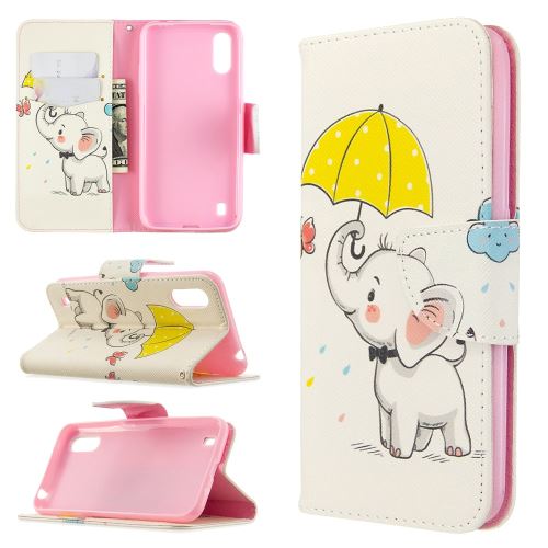 Etui en PU flip de surface d'impression avec support éléphant tenant un parapluie pour votre Samsung Galaxy A01