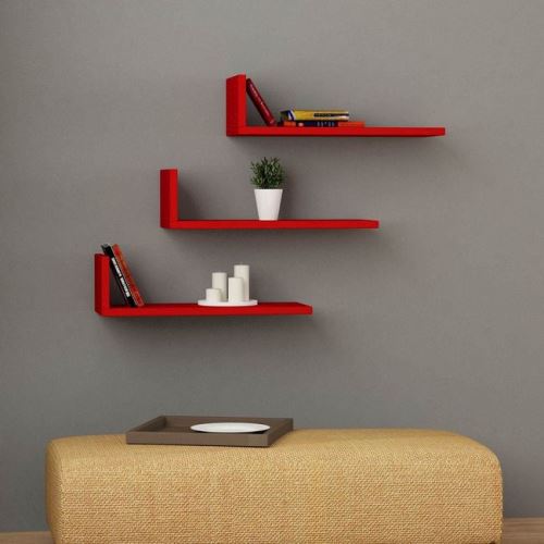 HOMEMANIA Set de 3 Étagères L-Model - Murale Flottantes, pour Livres - pour Séjour, Bureau, Chambre - Rouge en Bois, 40 x 20 x 14 cm